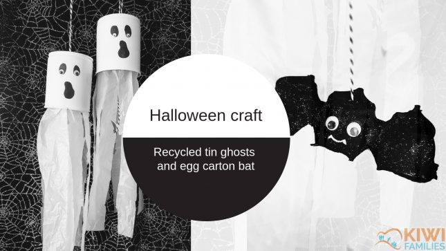 Halloween craft – upcycled tin ghosts and egg carton bat Halloween craft - recycled tin ghosts and egg carton bat